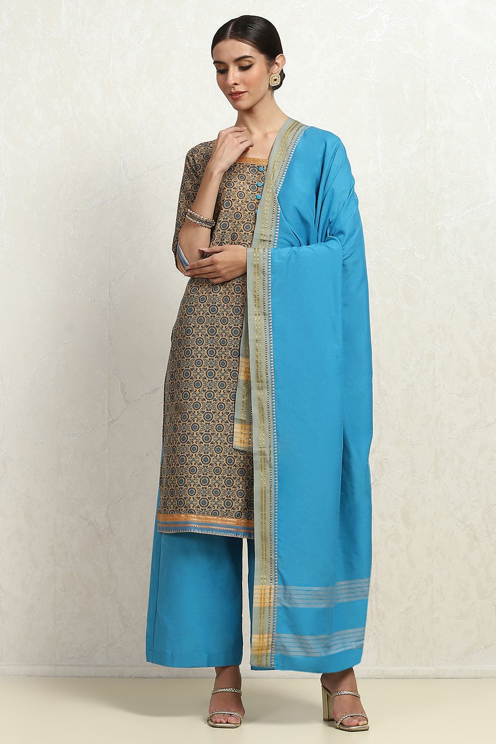 Blue and Beige Cotton Handloom Unstitched Suit Set image number 1