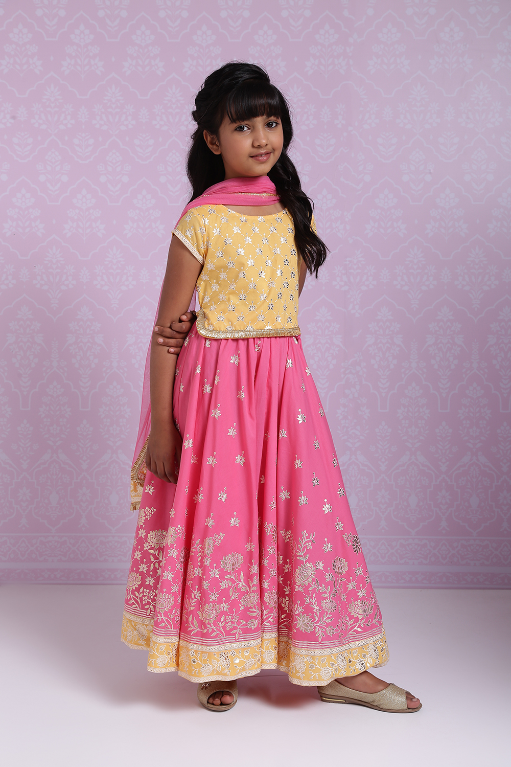 Yellow And Pink Cotton Lehenga Set image number 0