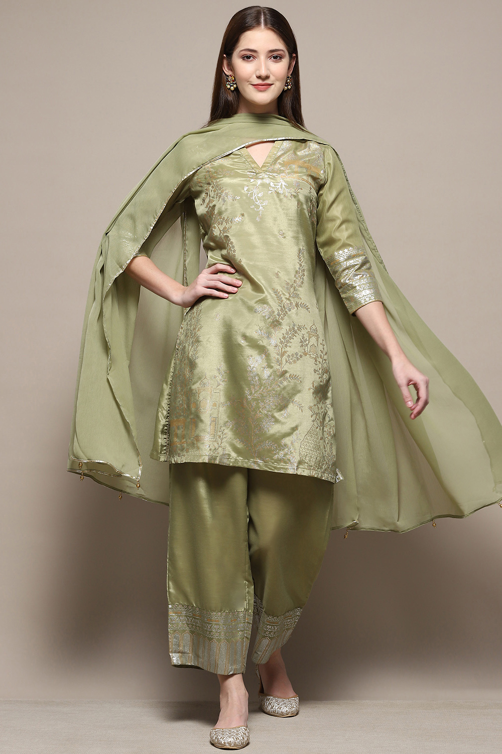 Sage Green Art Silk Straight Kurta Palazzo Suit Set image number 0