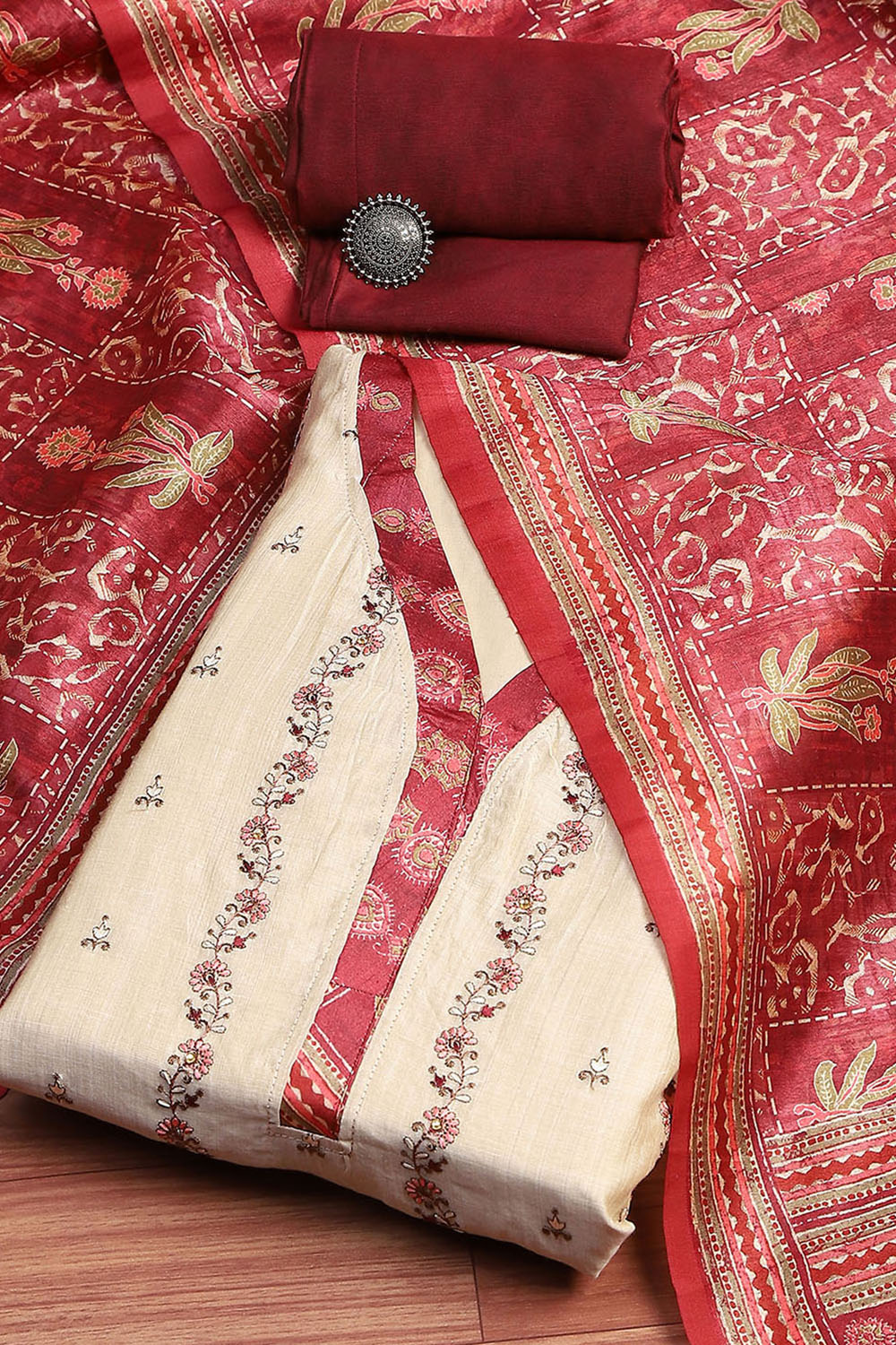 Off-White and Red Chanderi Machine Embroidered Unstitched Suit Set image number 0