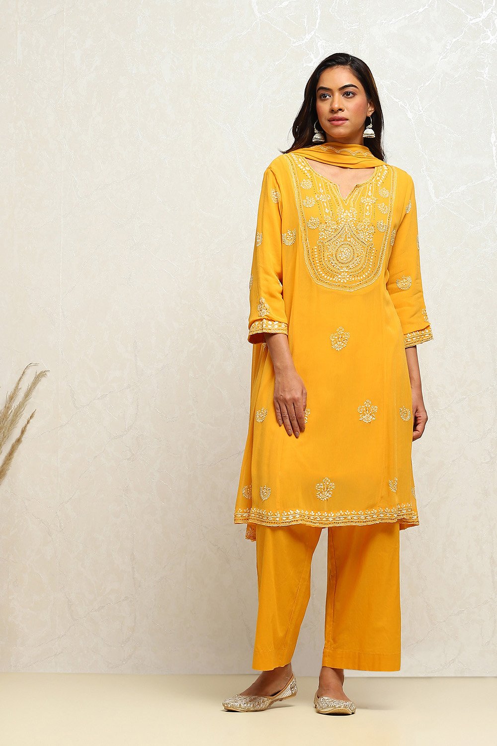 Yellow Embroidered Kalidar Suit Set image number 6