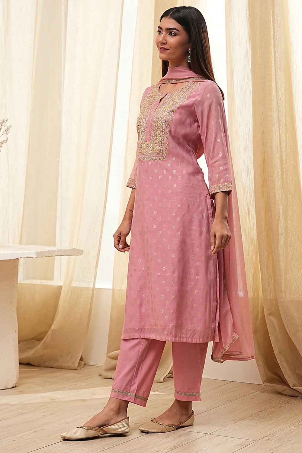 Dull Pink Embroidered Straight Suit Set image number 3