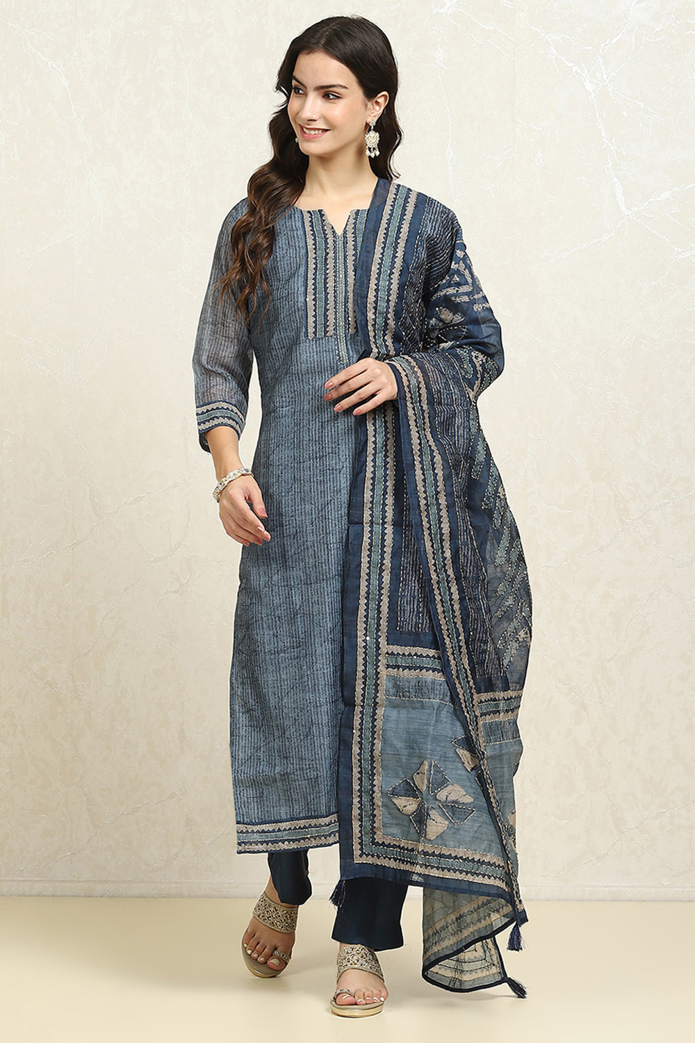 Grey Chanderi Blend Hand Embroidered Unstitched Suit Set image number 7