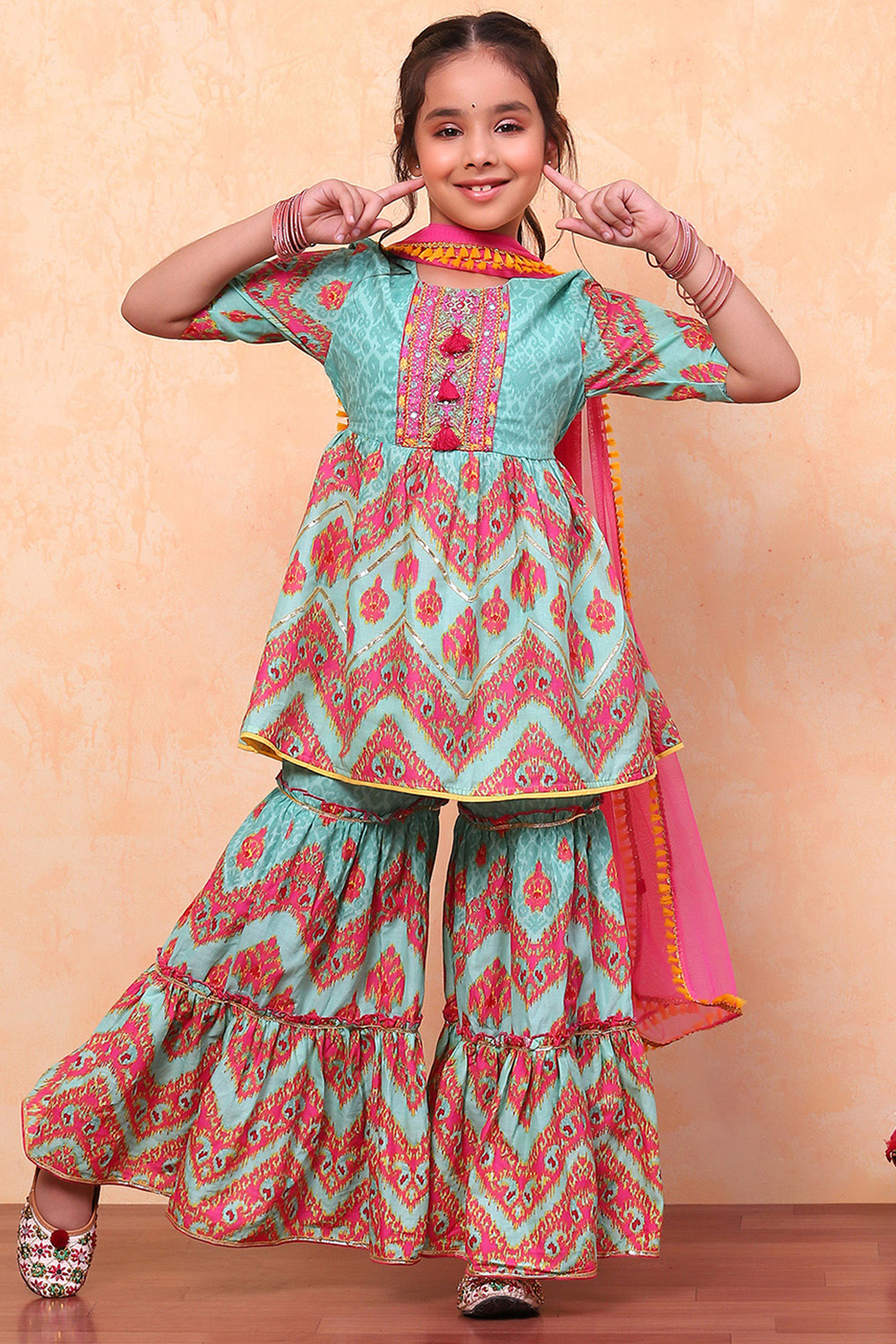 Turquoise Cotton Ikat Printed Peplum Flared Suit Set image number 6