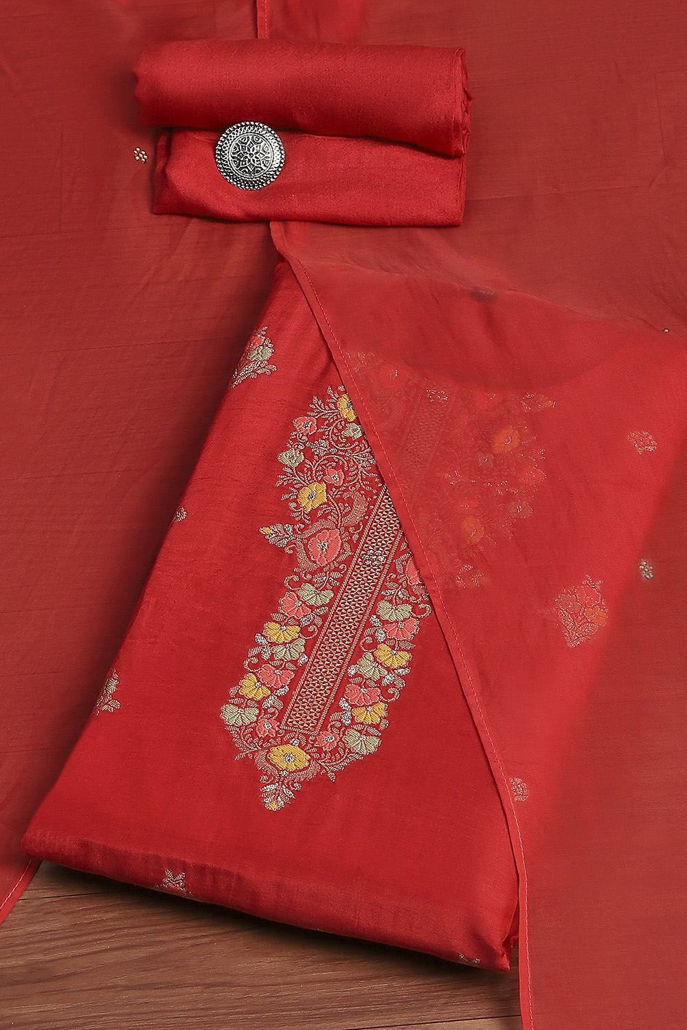 Red Viscose Silk Floral Woven Unstitched Suit Set image number 0