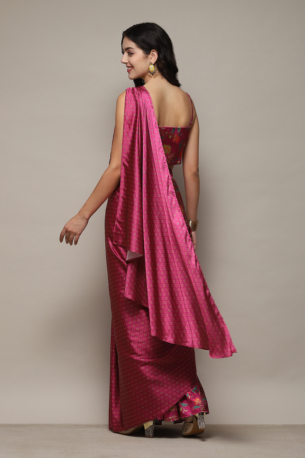 Plum Pre-Draped Saree & A Stitched Blouse With Floral Prints image number 4