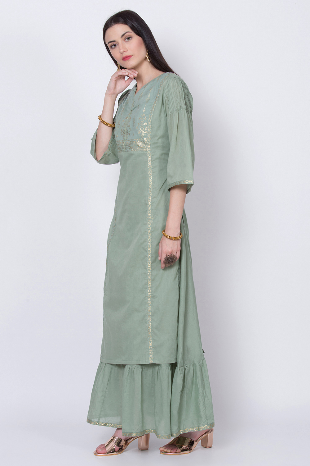 Green Cotton Flared Printed Kurta image number 4