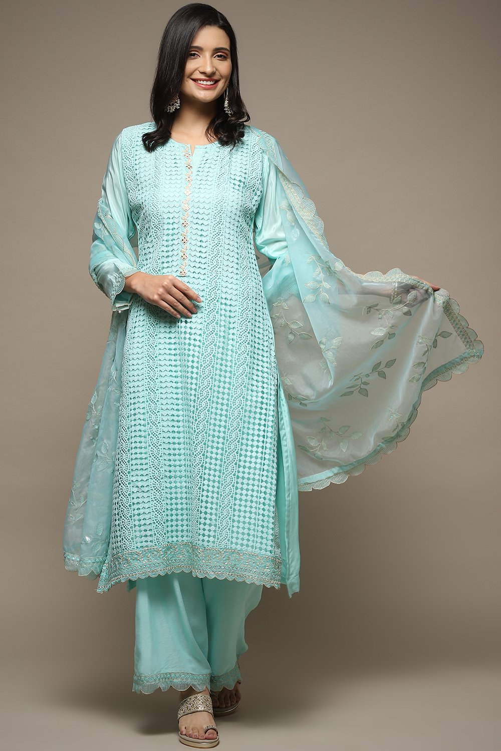 Light Green Muslin Lace Unstitched Suit Set image number 1