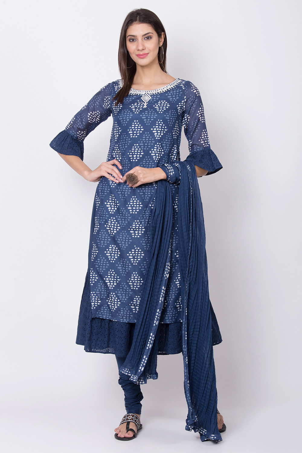 Blue Art Silk A-Line Kurta Churidar Suit Set image number 2