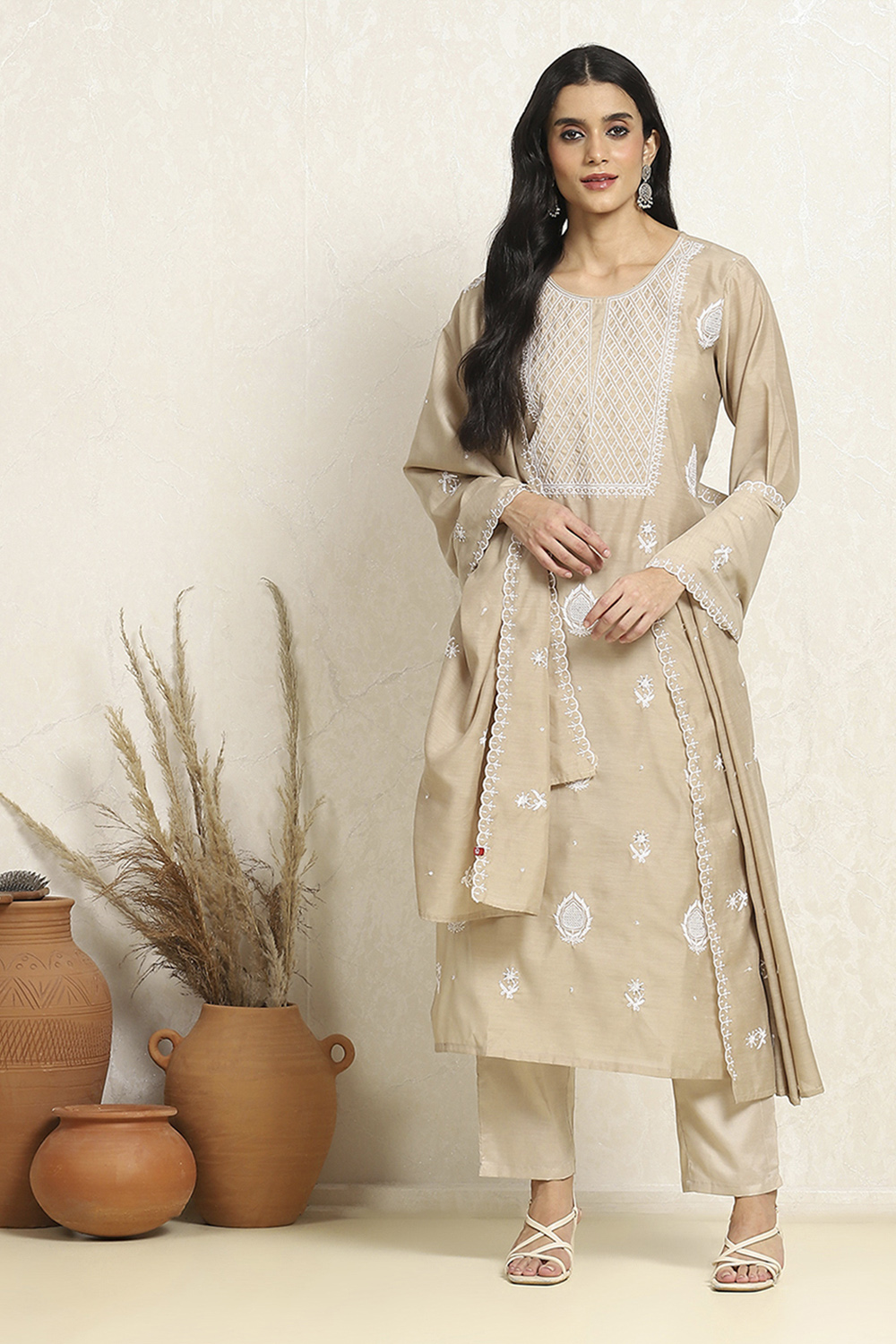 Beige Chanderi Machine Embroidered Unstitched Suit Set image number 1