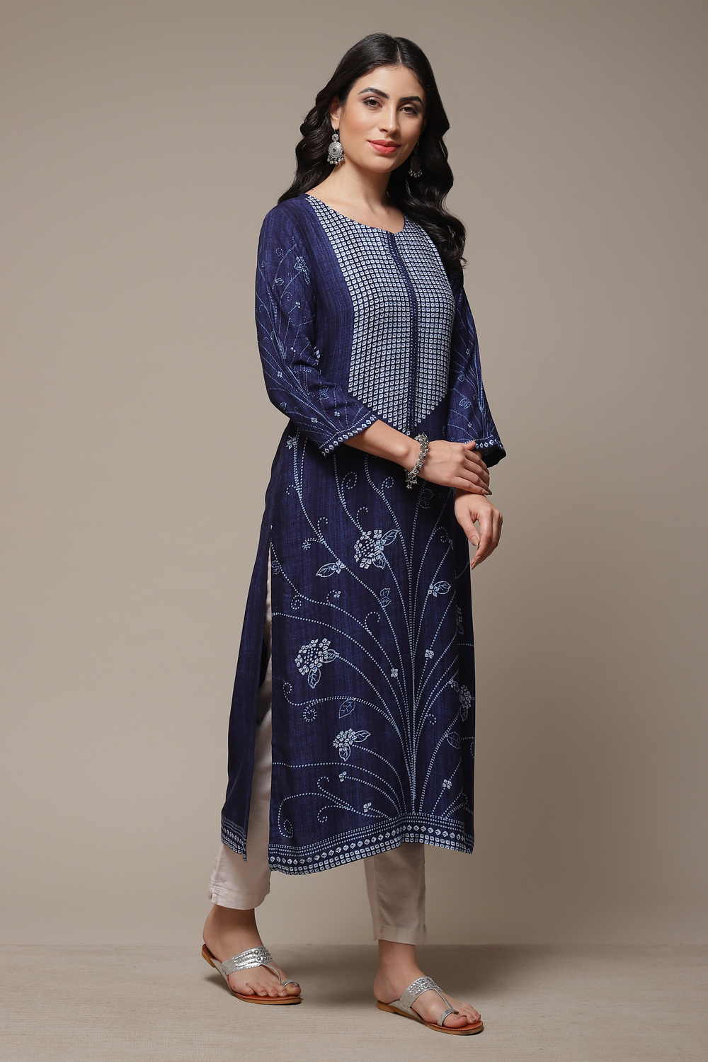 Indigo LIVA Straight Printed Kurta image number 4