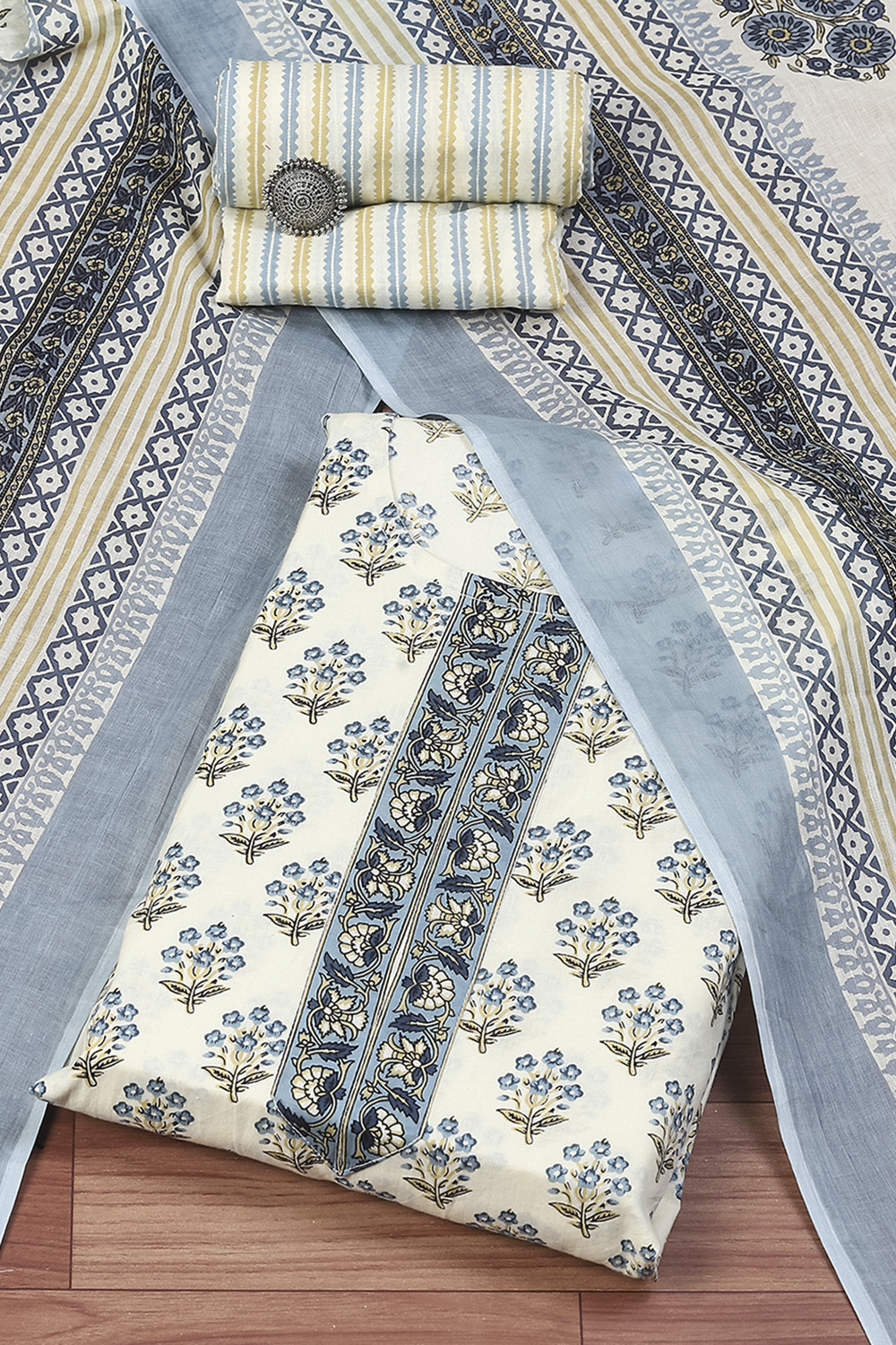 Blue Cotton Printed Unstitched Suit Set image number 0