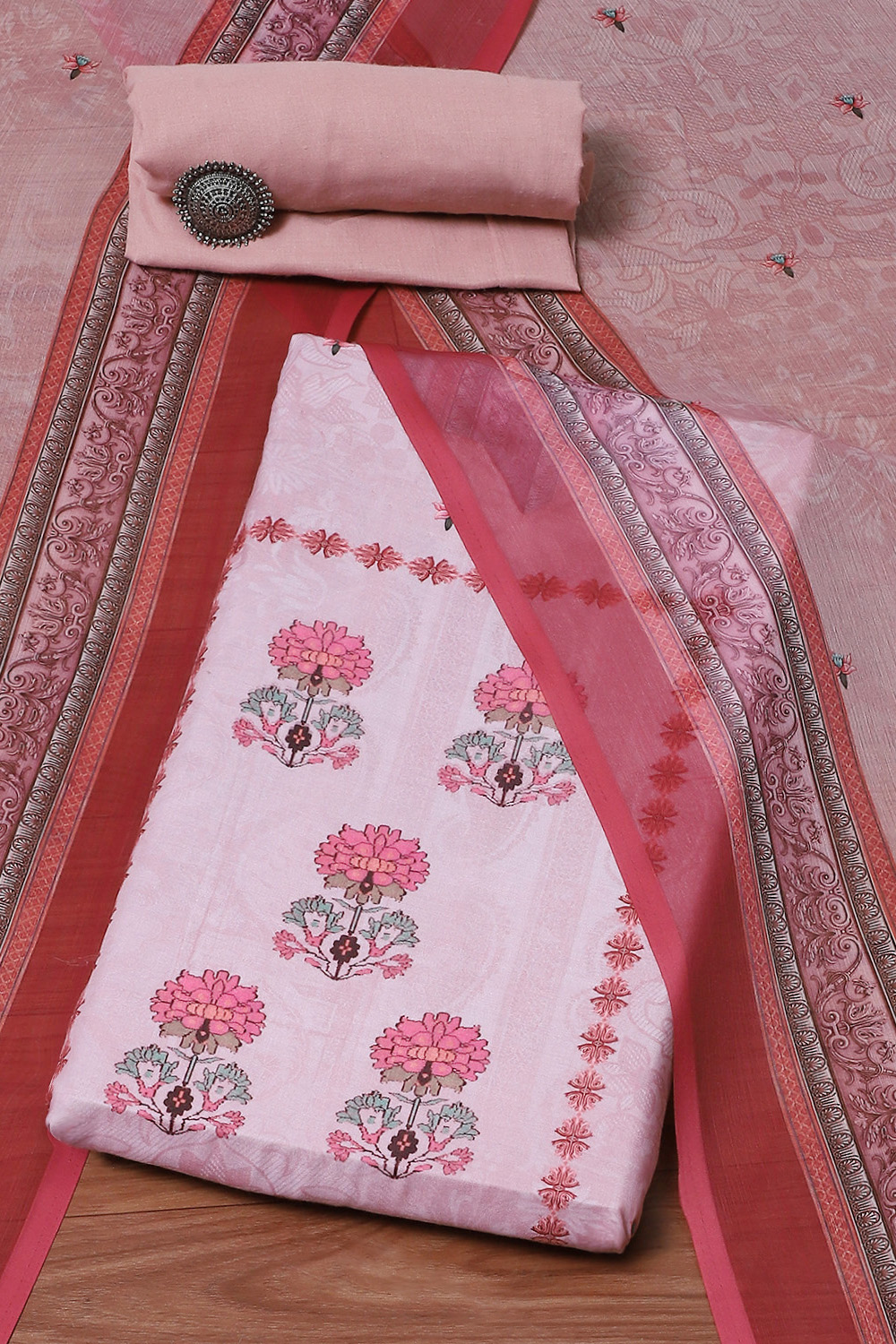 Red Cotton Blend Floral Digital Print Unstitched Suit Set image number 0