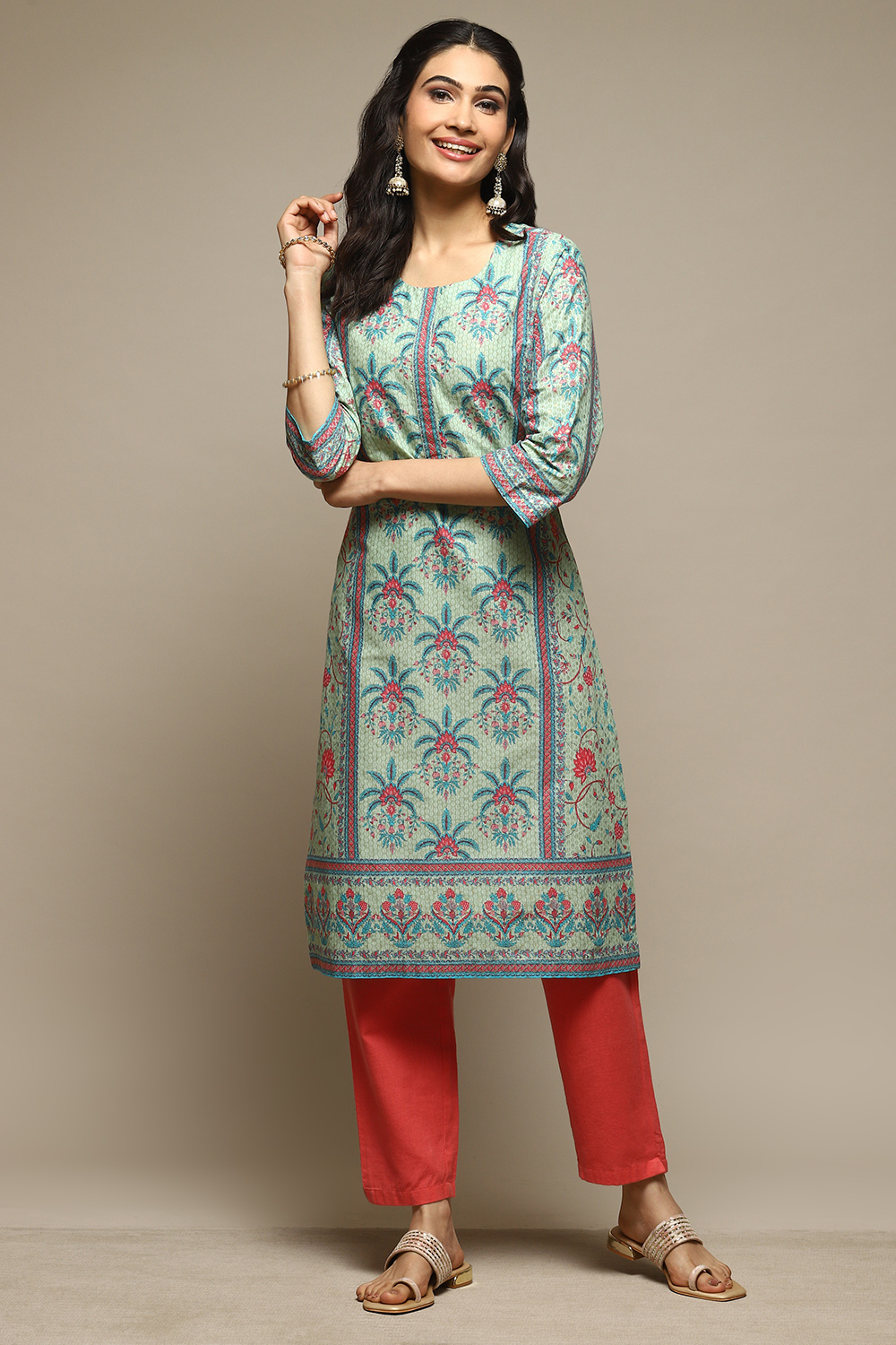 Green Cotton Straight Printed Kurta image number 0