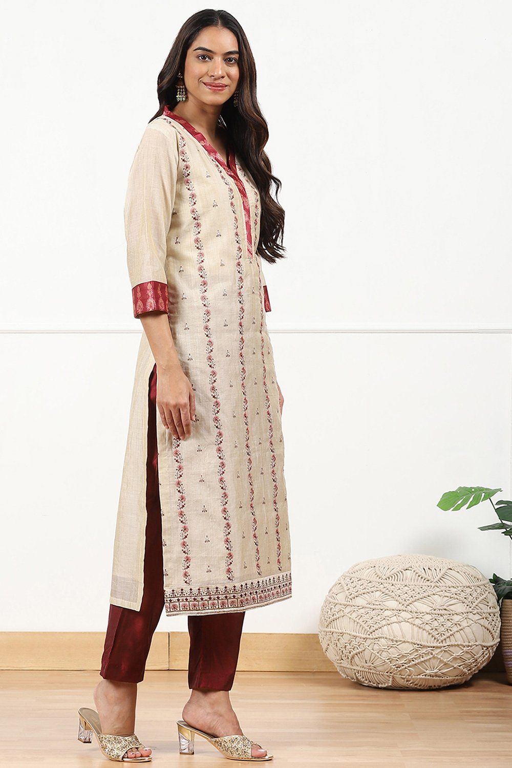 Off-White and Red Chanderi Machine Embroidered Unstitched Suit Set image number 3