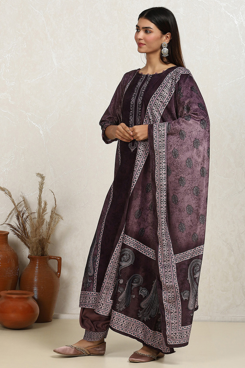 Brown Velvet Digital Print Unstitched Suit Set image number 4