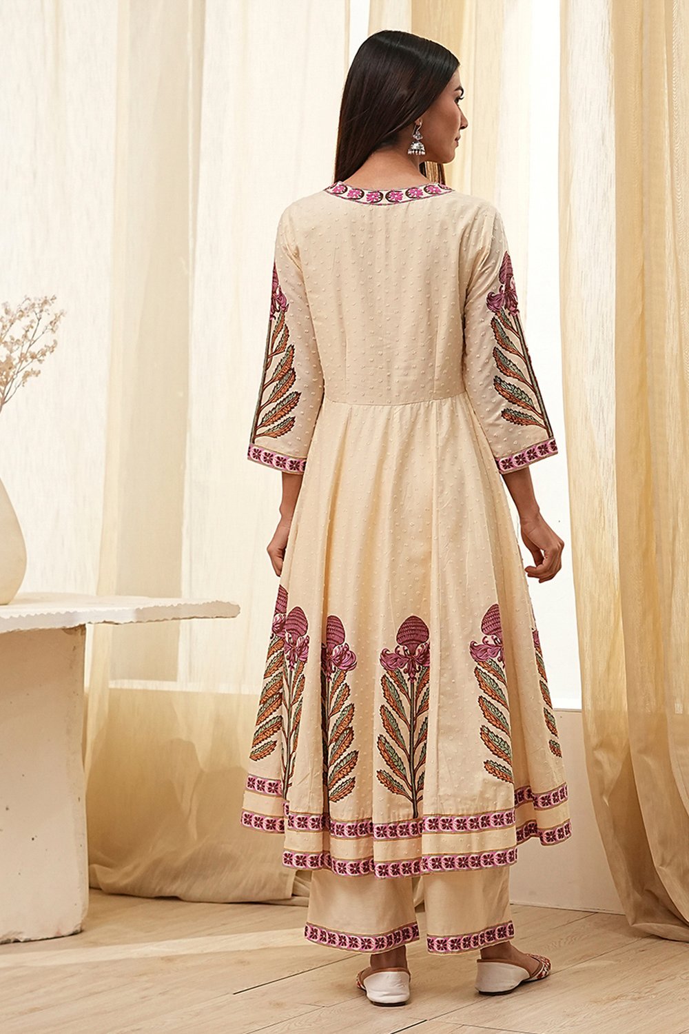 Beige Cotton Printed Anarkali Suit Set image number 4