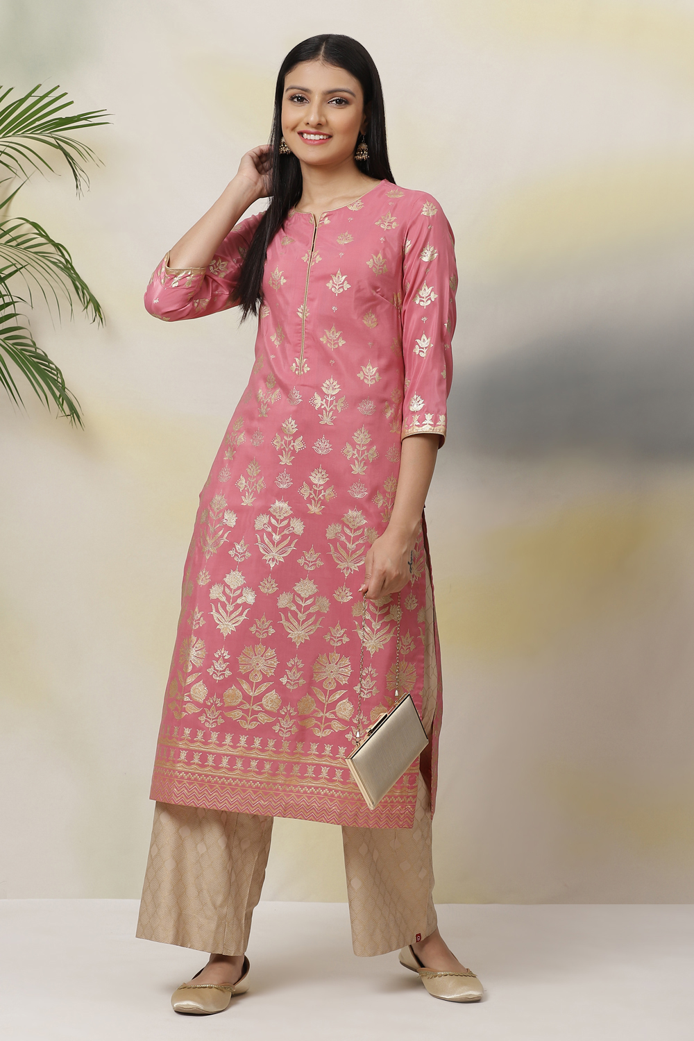 Old Rose Art Silk Straight Printed Kurta image number 4