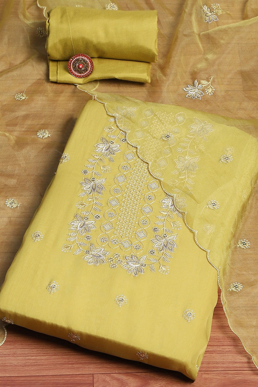 Dull Yellow Organza Machine Embroidered Unstitched Suit Set image number 0