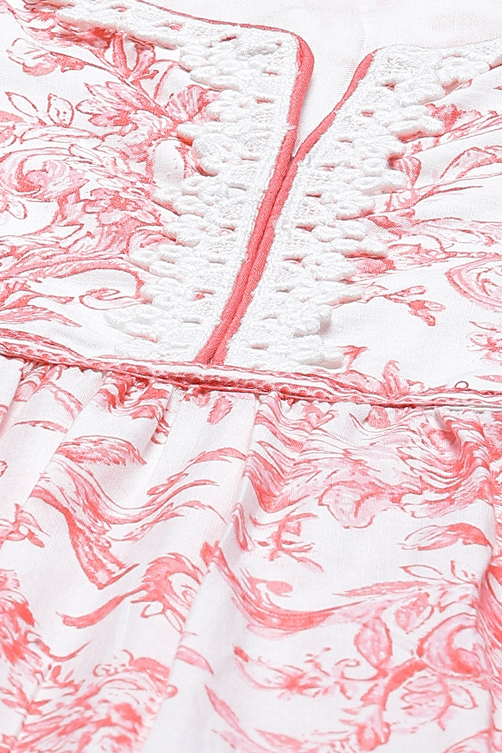 White And Pink Cotton Flared Kurta Churidar Suit Set image number 1