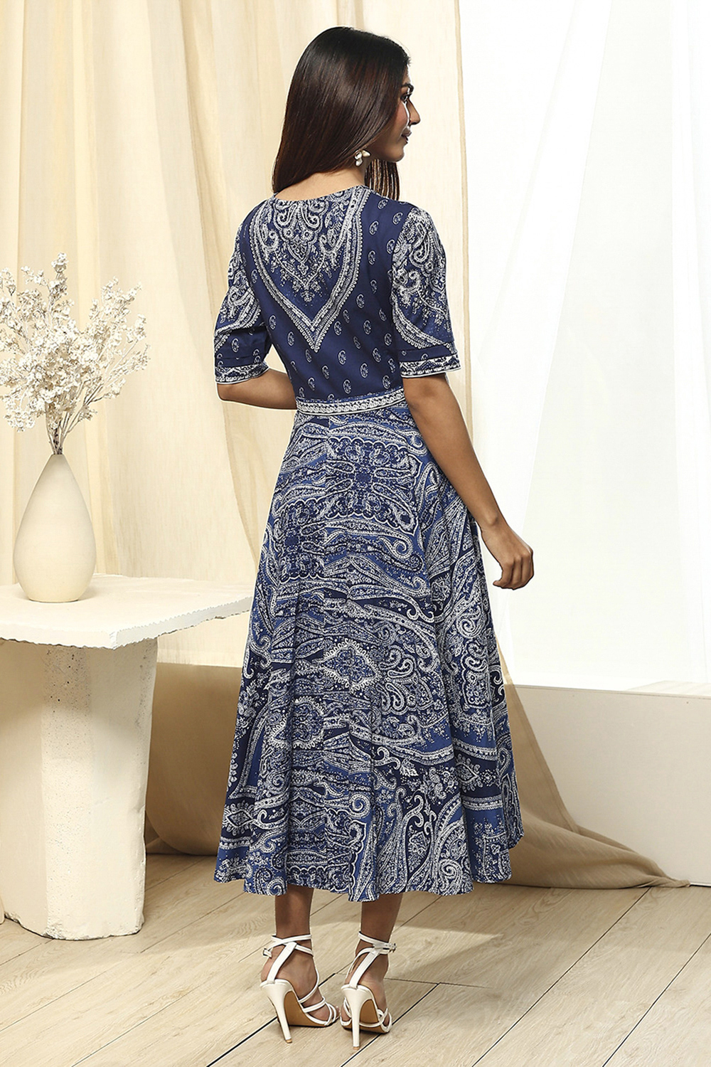 Indigo Cotton Flared Printed Dress image number 3