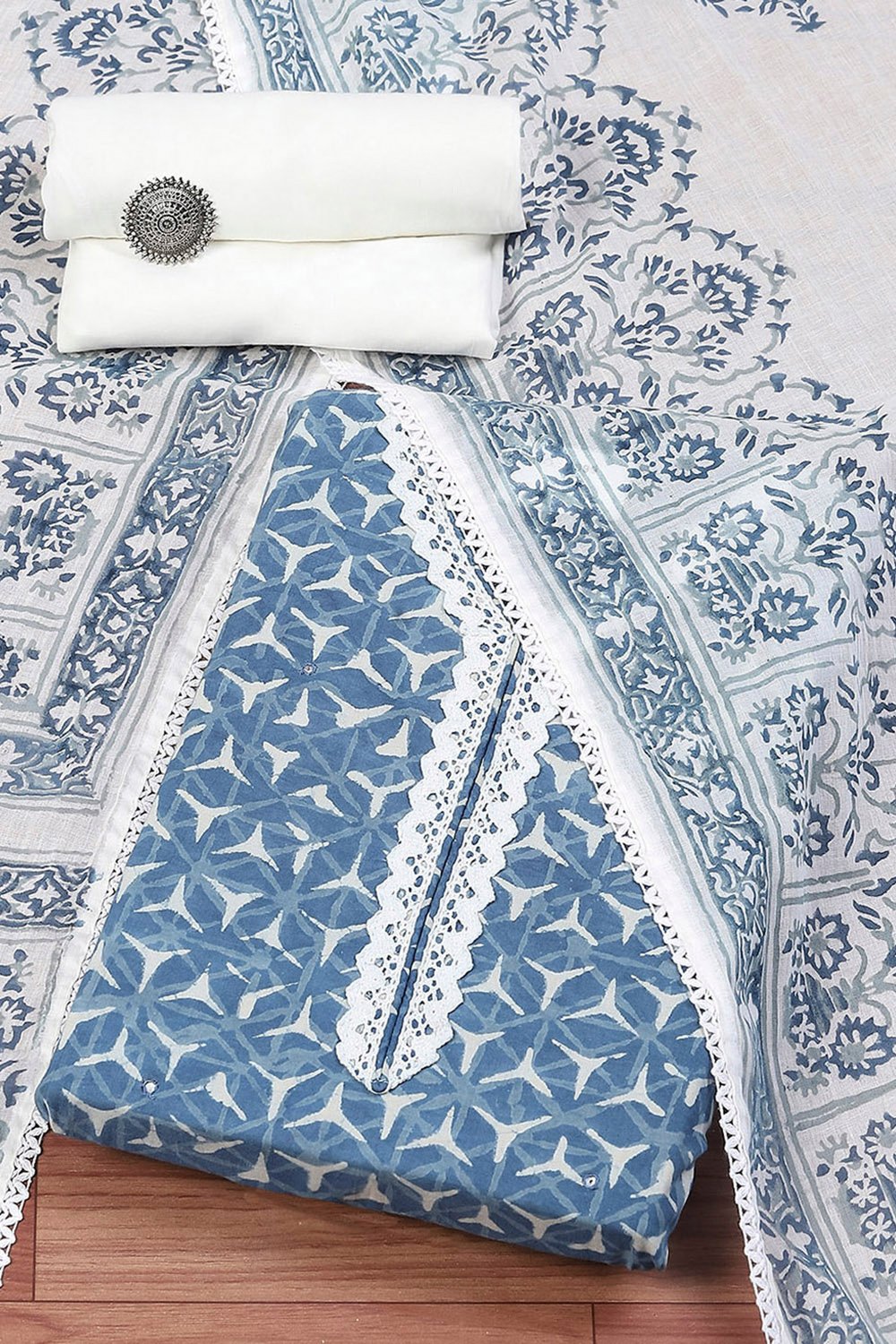 Blue and White Cotton Hand Block Unstitched Suit Set image number 0