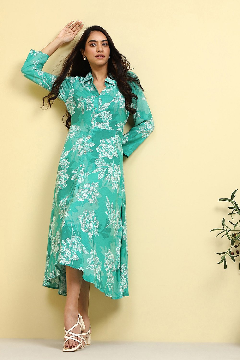 Blue Floral Printed Shirt Style A-line Dress image number 0