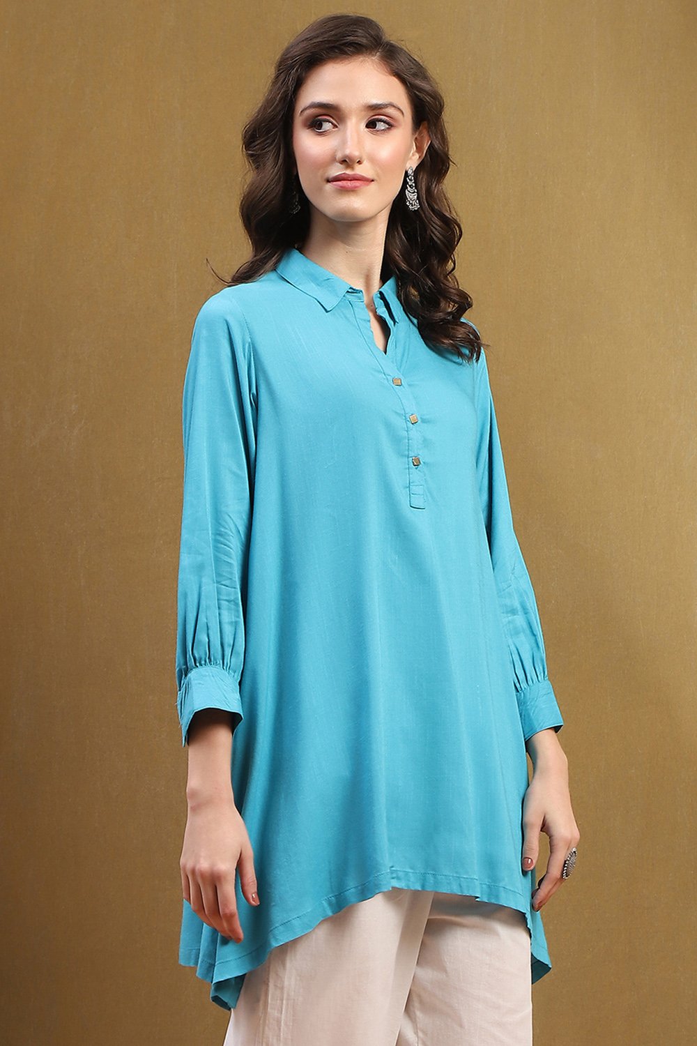 Mustard Yellow Solid Shirt Collar Asymmetric Short Kurti image number 4