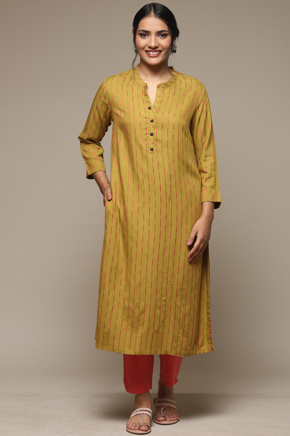 Off White Pink LIVA Straight Yarndyed Kurta image number 5