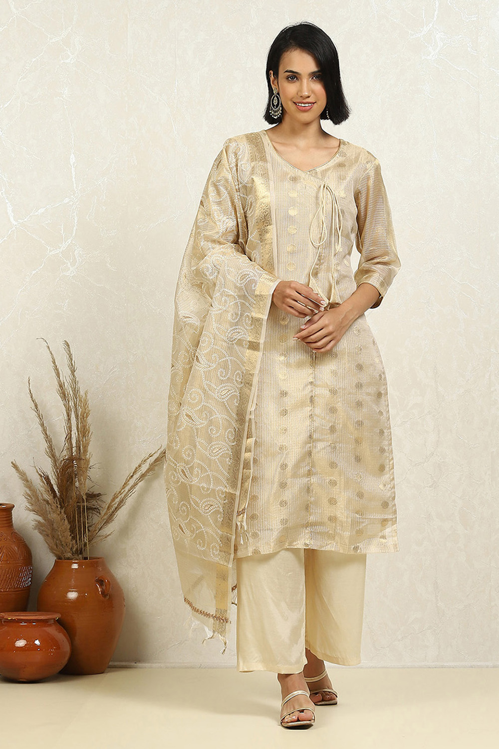 Beige Tissue Woven Design Unstitched Suit Set image number 7