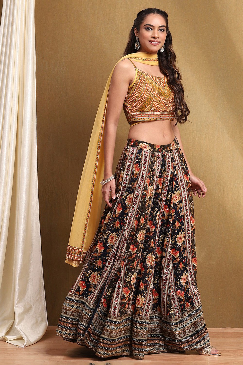 Navy Viscose Blend Lehenga Set  image number 5