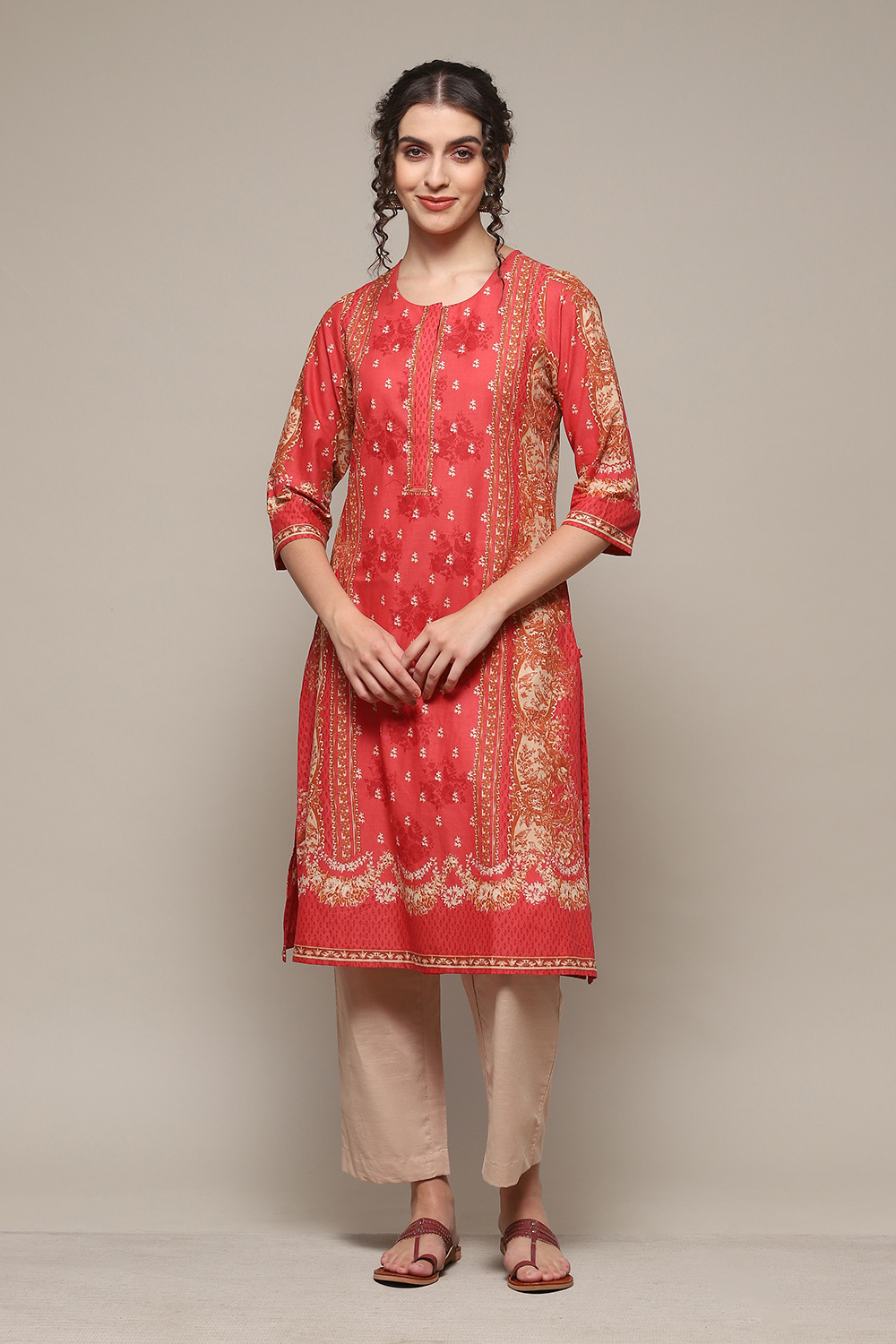 Coral Cotton Straight Kurta Palazzo Suit Set image number 1