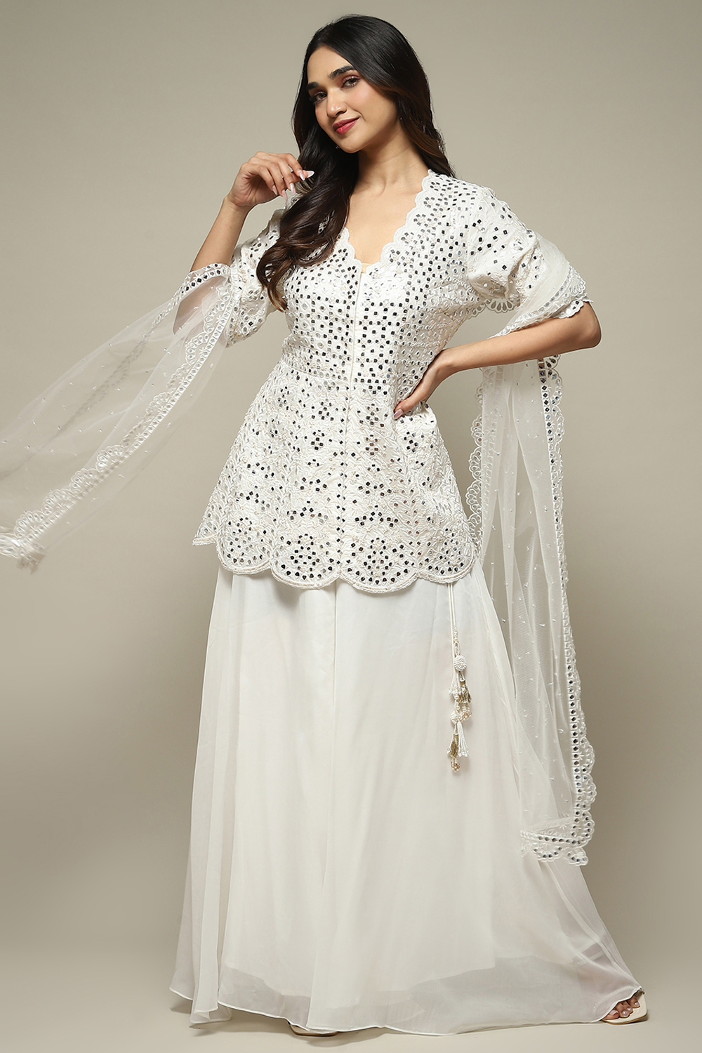 Off White Polyester Short Kurta Sharara Suit Set image number 0