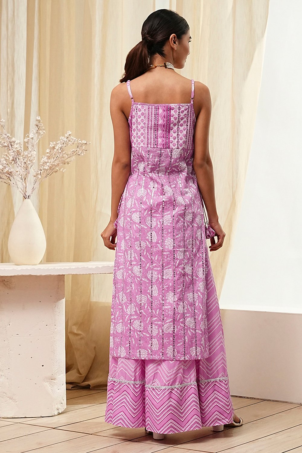 Pink Cotton Floral Strappy Straight Suit Set image number 5