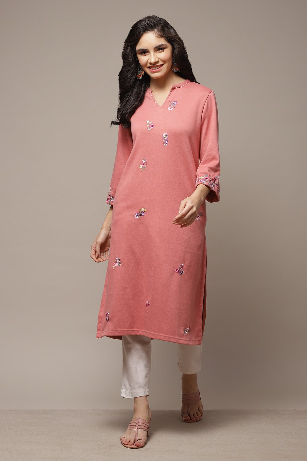 Peach Acrylic Straight Yarndyed Kurta image number 1