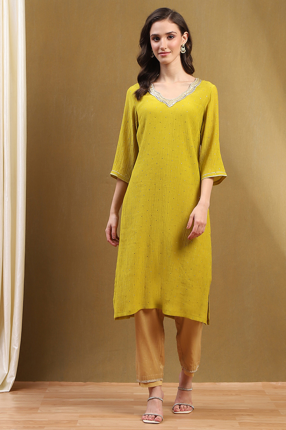 Mustard Yellow Viscose Blend Straight Festive Kurta image number 6