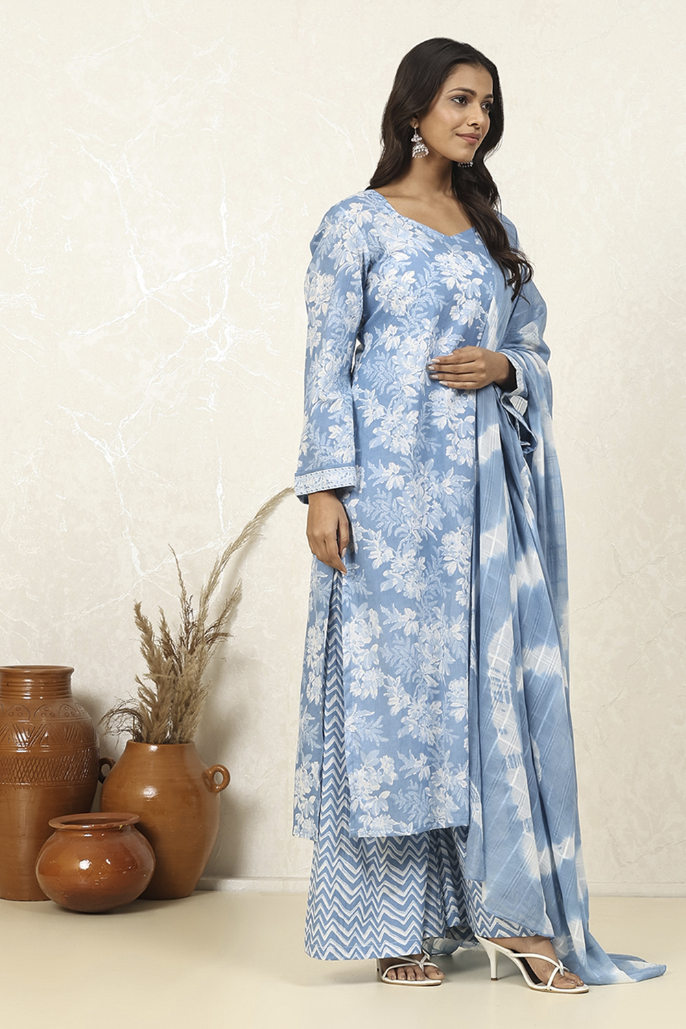 Blue Cotton Printed Unstitched Suit Set image number 6