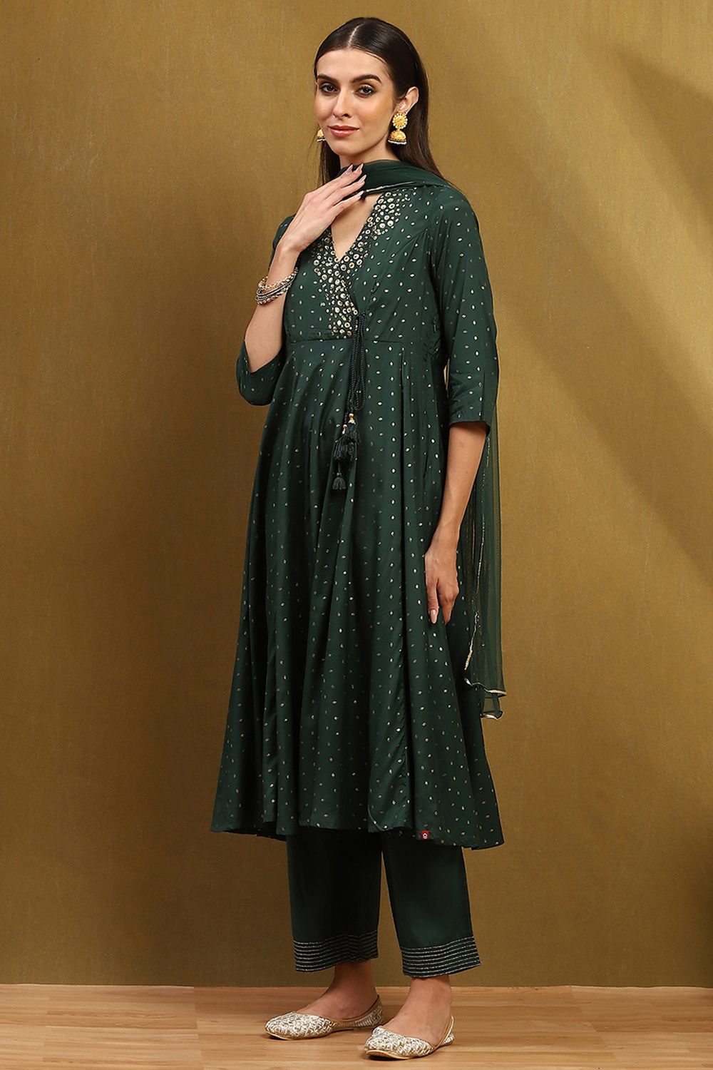 Dark Green Shantoon Anarkali Suit Set image number 3