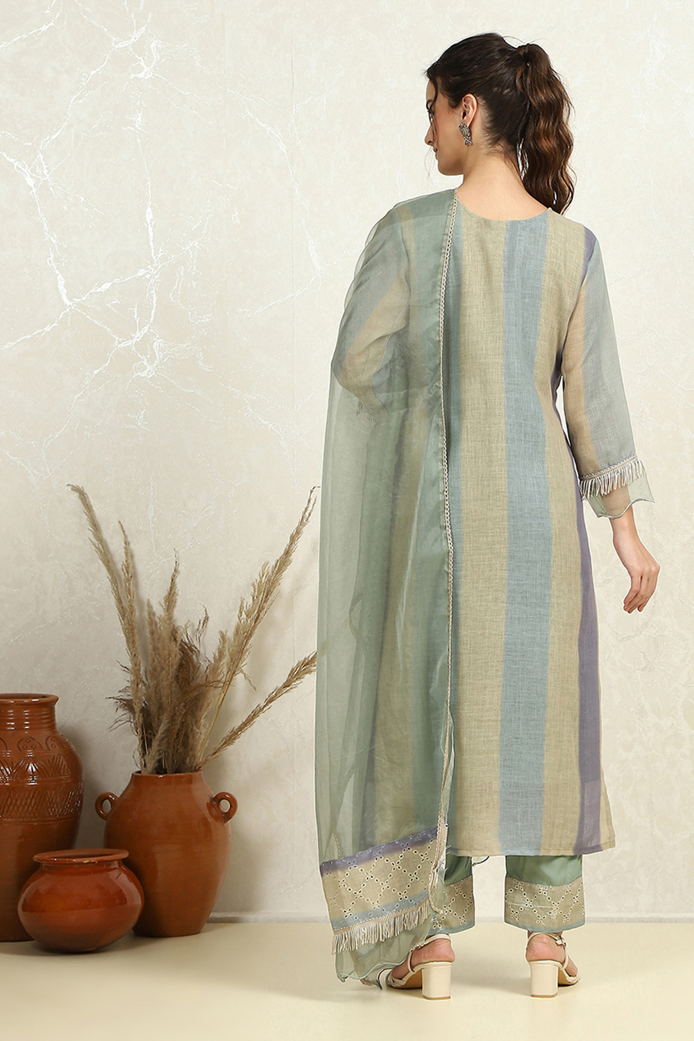 Green Cotton Blend Schiffly Unstitched Suit Set image number 4