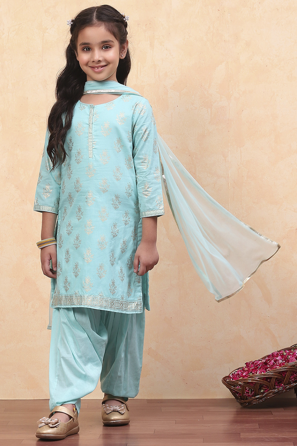 Turquoise Cotton Straight Printed Kurta Patiala Salwar Suit Set image number 6