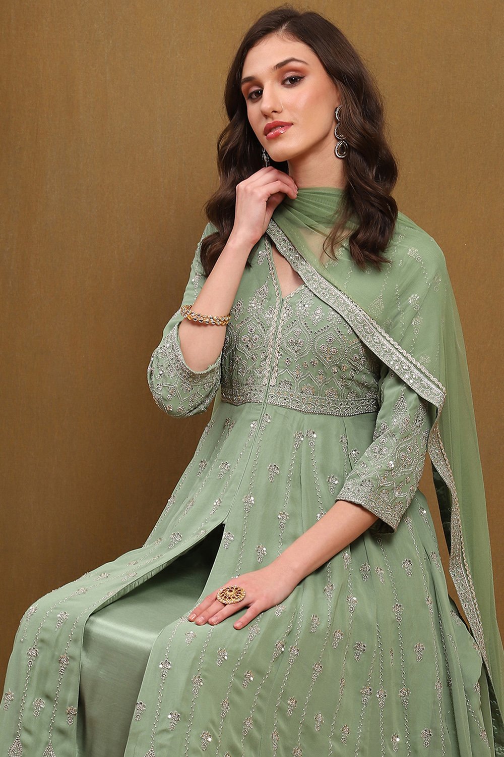 Green Viscose Georgette Anarkali Suit Set image number 7