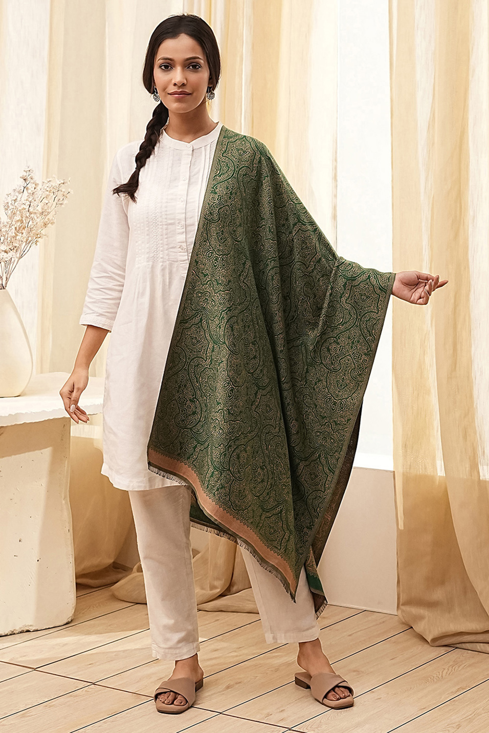 Green Cotton Blend Dupatta image number 4