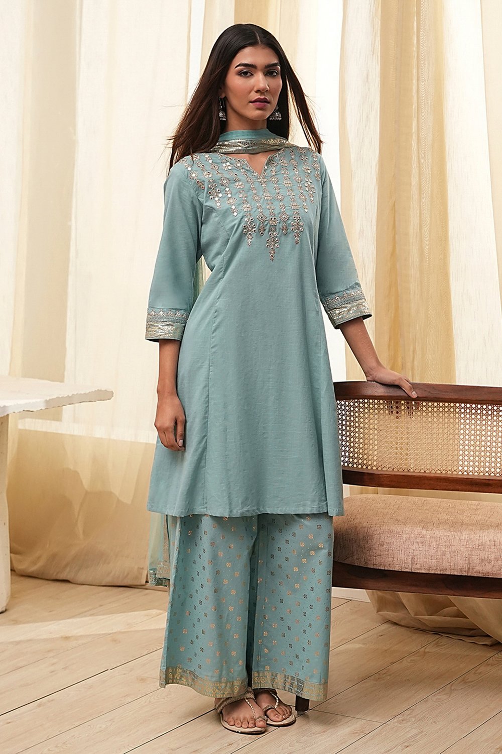 Dull Blue Cotton Kalidar Suit Set image number 7