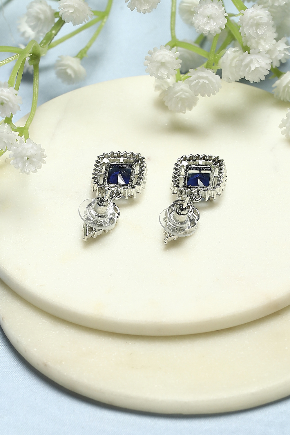 Navy and White Silver-Plated CZ Studded Danglers image number 2