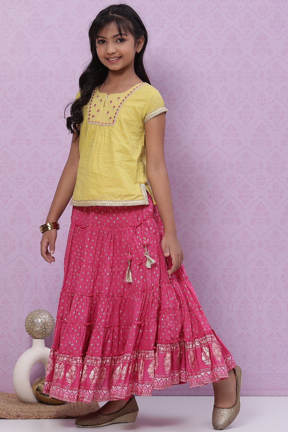 Lime Green And Pink Cotton Straight Kurta Skirt Suit Set image number 3