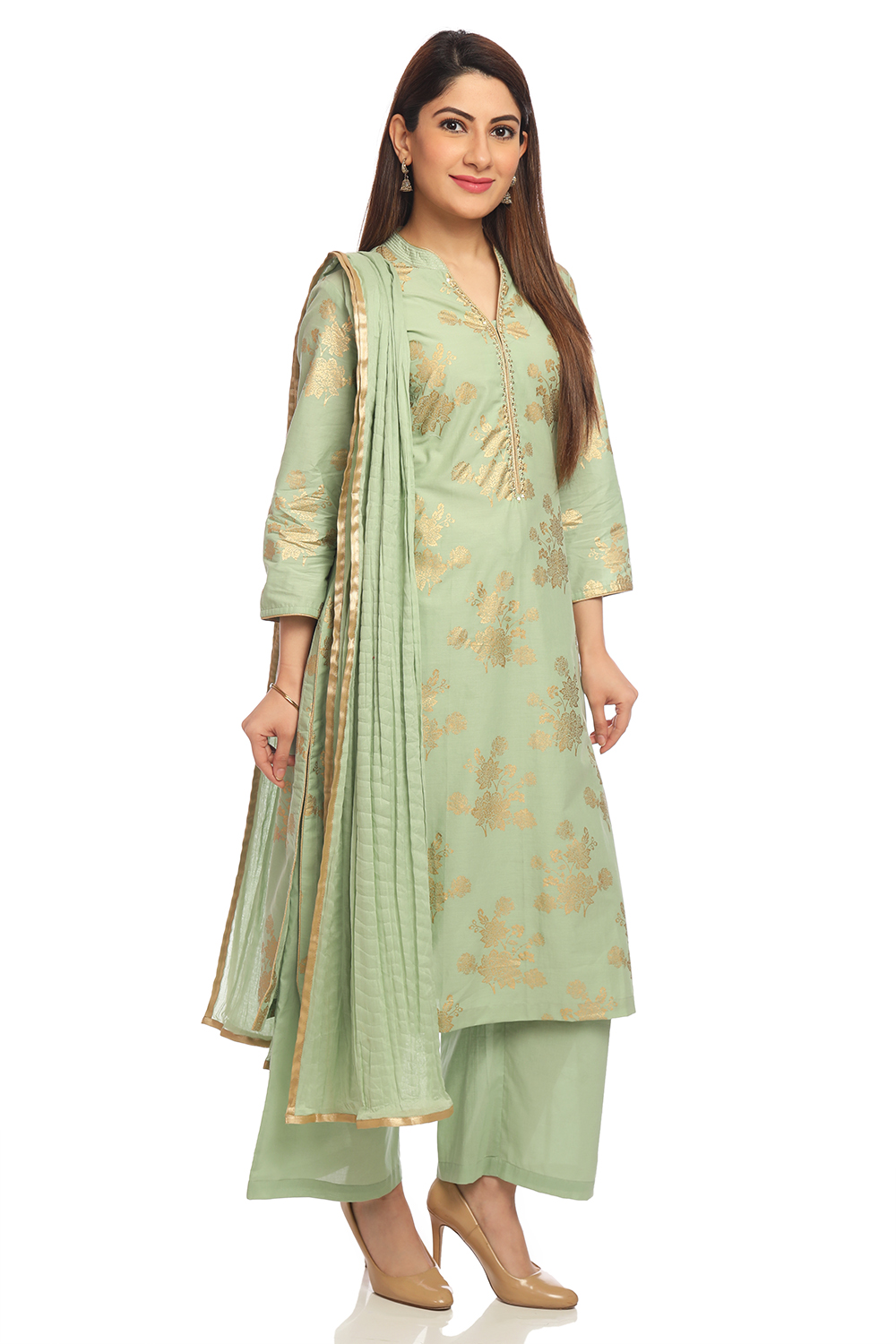 Buy Pista Green Straight Cotton Kurta Palazzo Suit Set Kurta