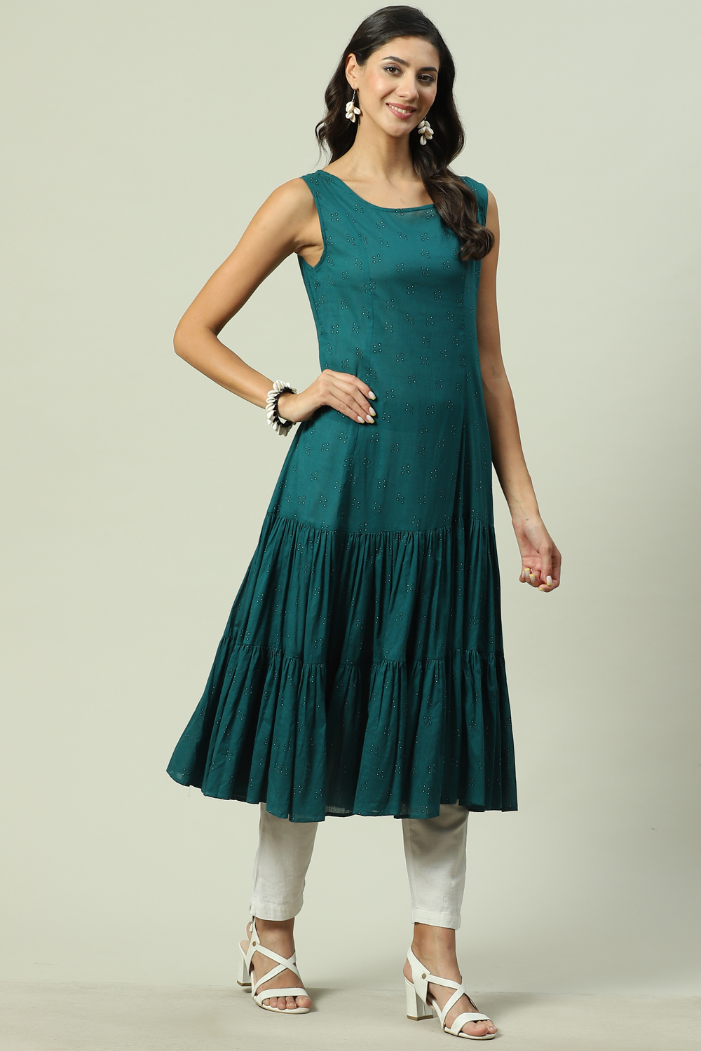 Teal LIVA Double Layered Printed Kurta image number 2