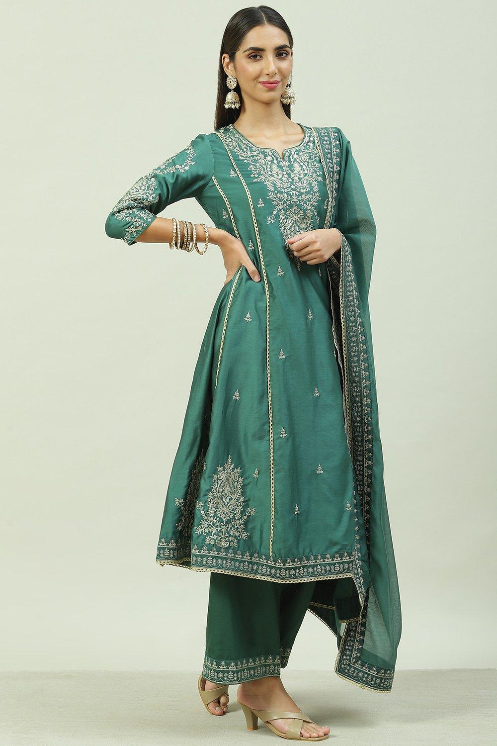 Dark Green Cotton Blend A-Line Kurta Palazzo Suit Set image number 6