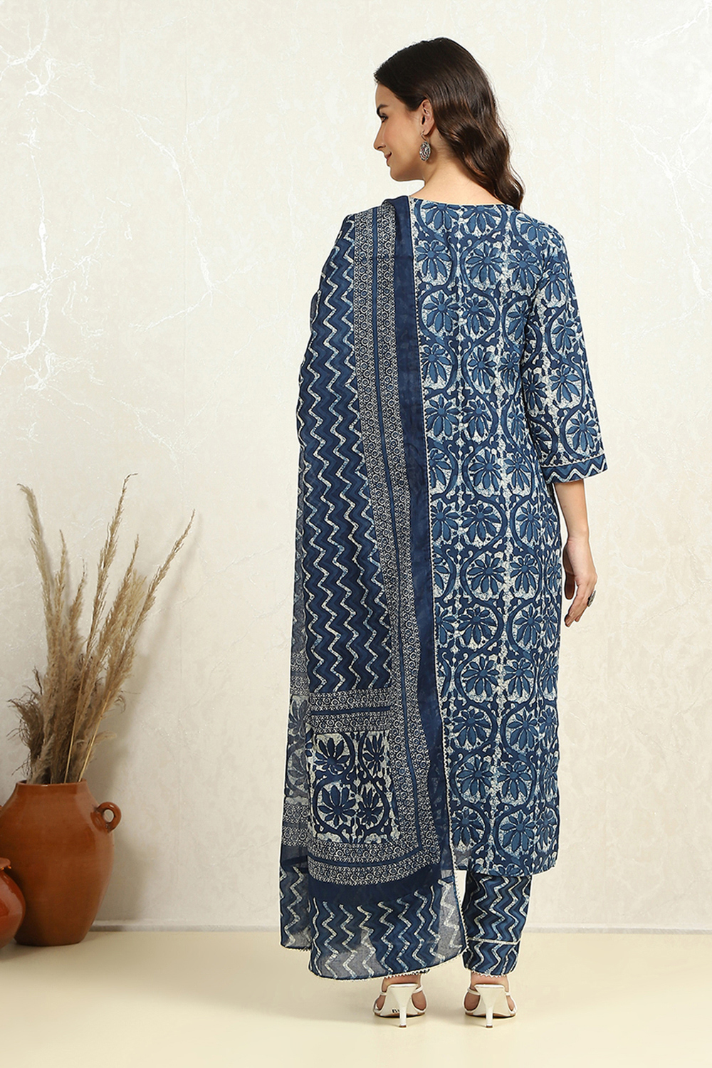 Indigo Cotton Floral-Dyed Unstitched Suit Set image number 5