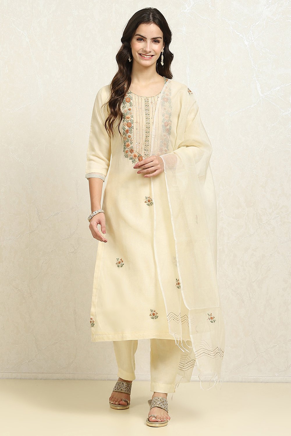 Beige Cotton Blend Machine Embroidered Unstitched Suit Set image number 7